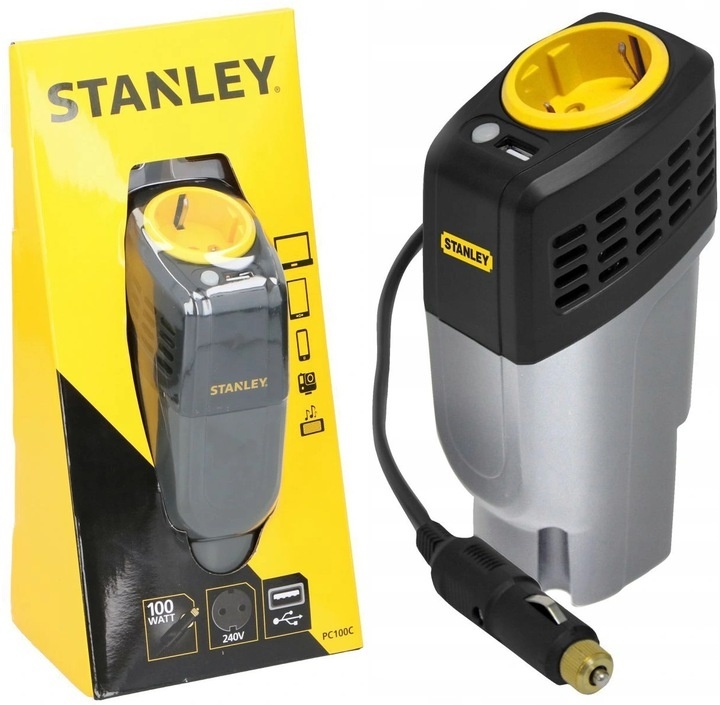 Stanley Omvormer 12-230v 100 Watt Geel