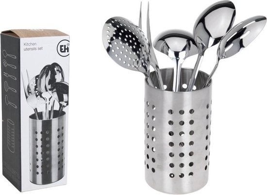 Excellent Houseware Keukenset - RVS - 6-delig - vleesvork, groentelepel, opscheplepel, sleef, soeplepel met opbergstandaard