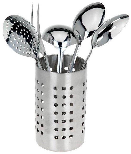 Excellent Houseware Keukenset - RVS - 6-delig - vleesvork, groentelepel, opscheplepel, sleef, soeplepel met opbergstandaard