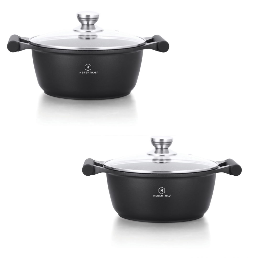 Herenthal 2-delige Pannenset - Diepe Soeppan/ Braadpan - 28cm, 30cm - Marmeren Coating - met Glazen Deksel