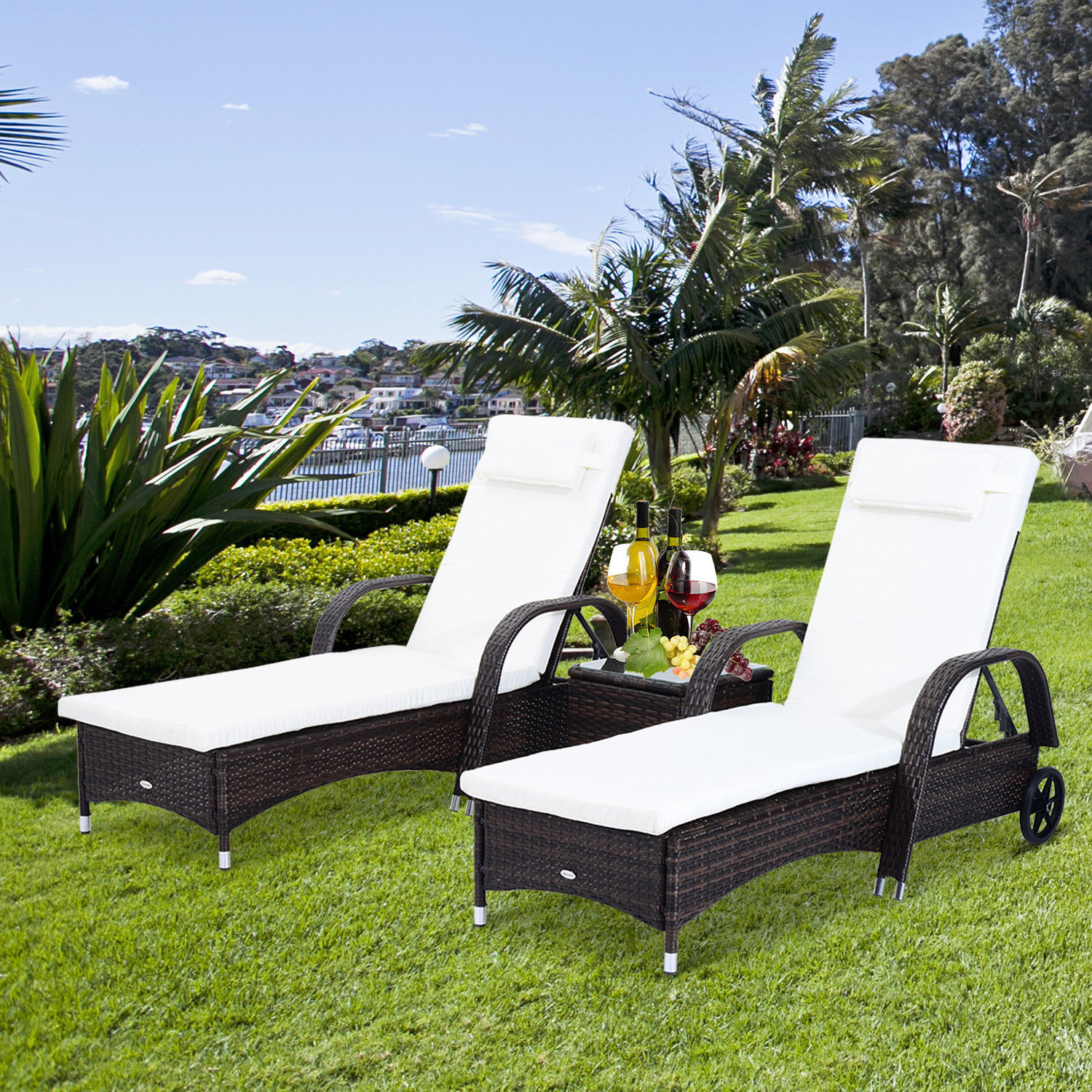Sunny Poly-rotan ligstoelset met tafel ligbank voor buiten tuinmeubelen met kussens