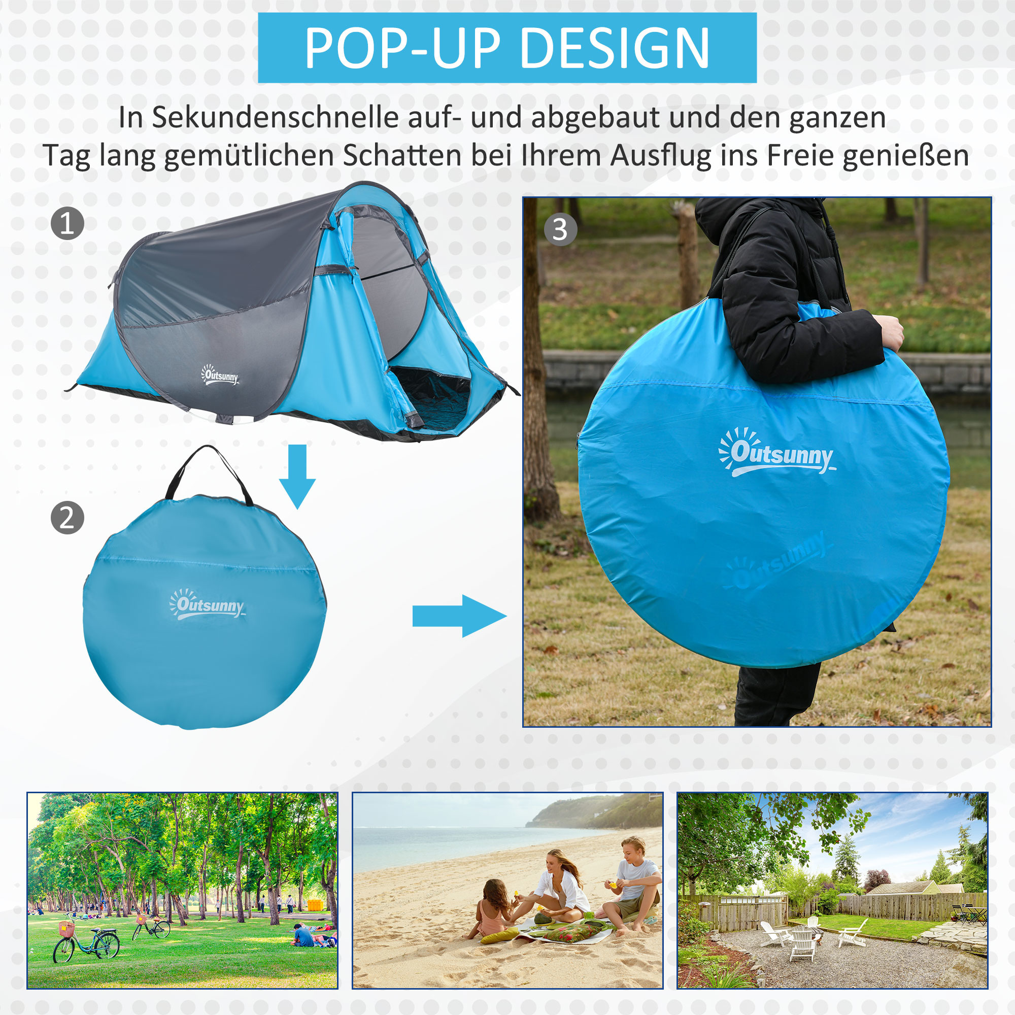 Sunny Pop-up tent voor 1-2 personen kampeertent 3 seizoenen glasvezel blauw + grijs