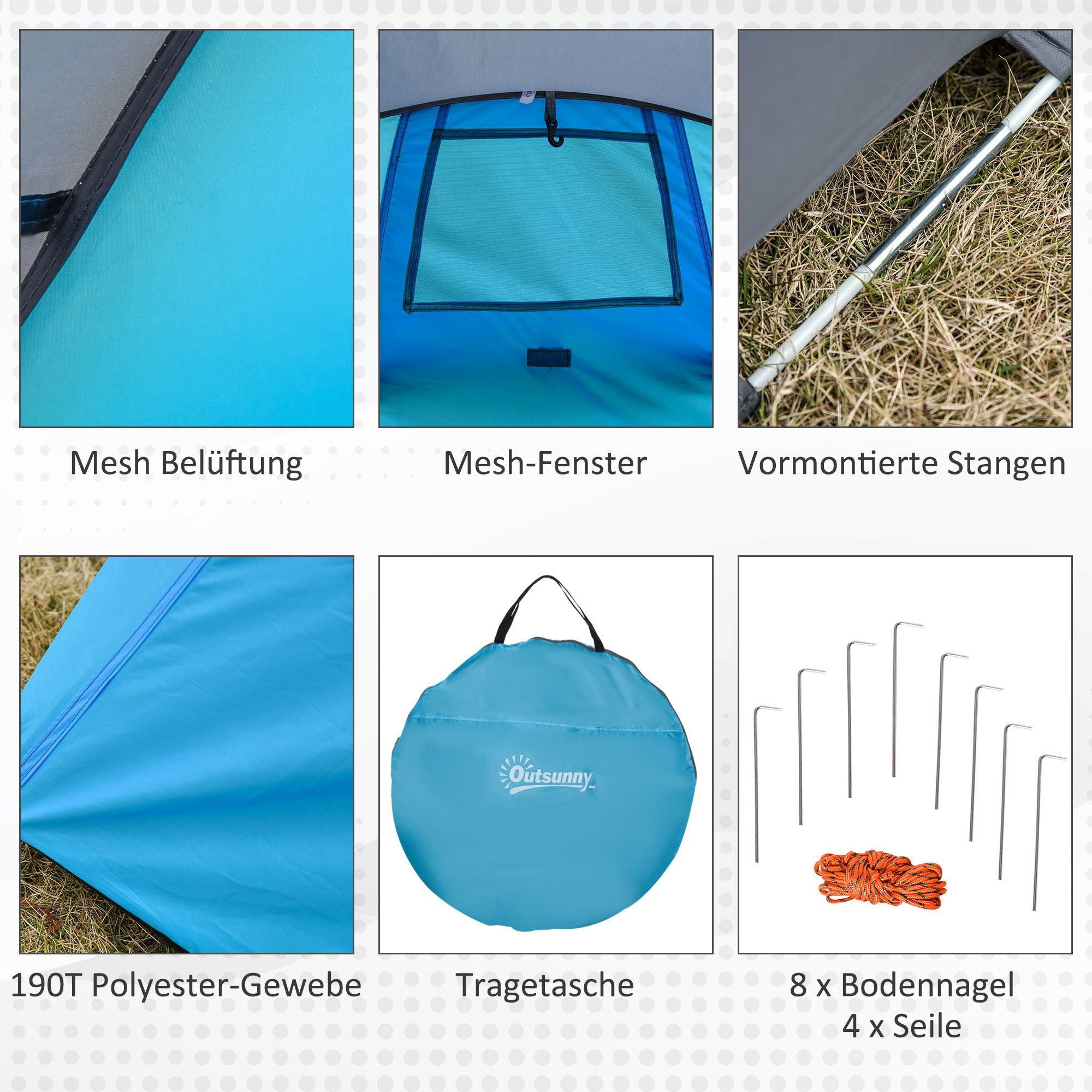 Sunny Pop-up tent voor 1-2 personen kampeertent 3 seizoenen glasvezel blauw + grijs