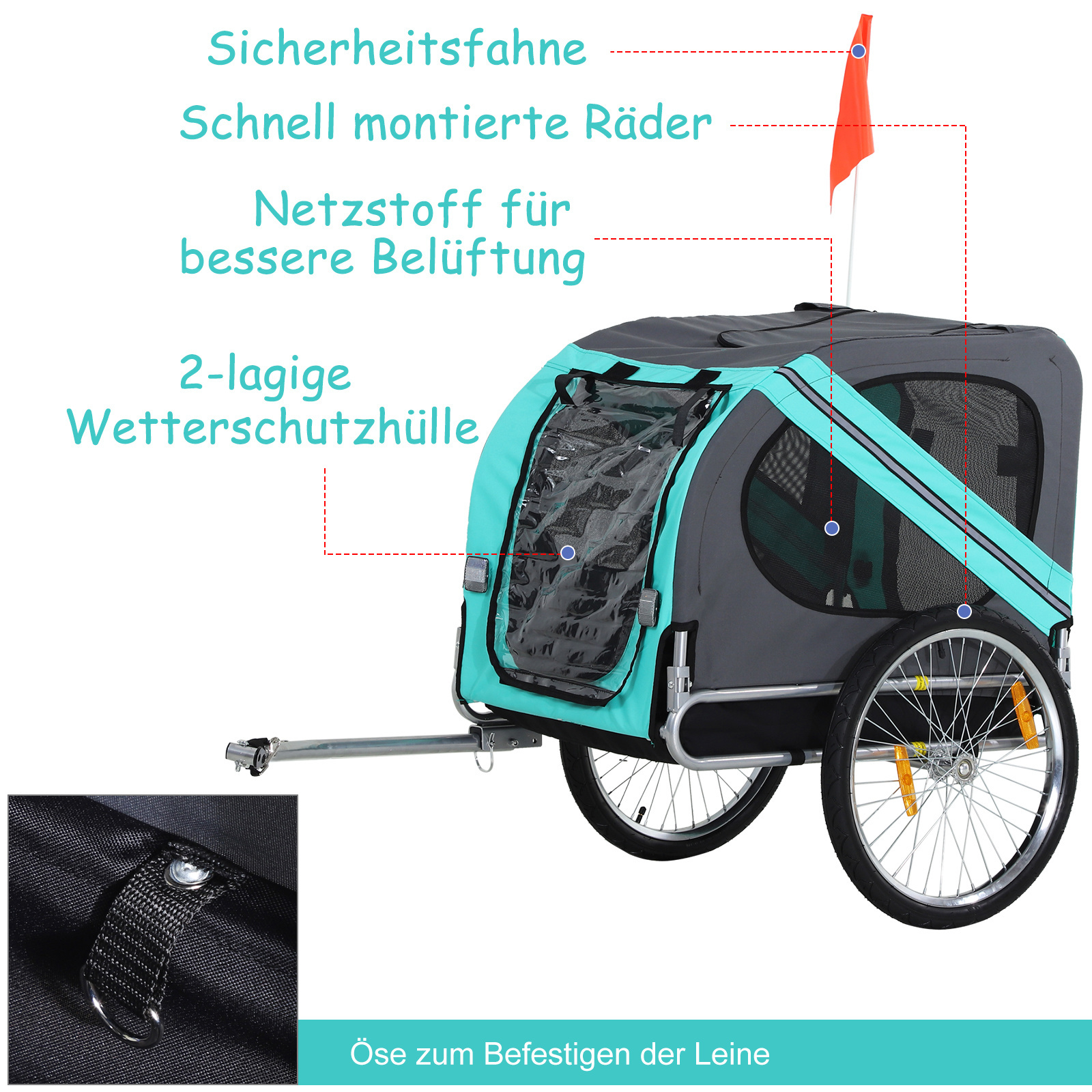 Paws Huisdier fietsaanhanger weersbescherming hondenkar oxford-stof blauw / groen