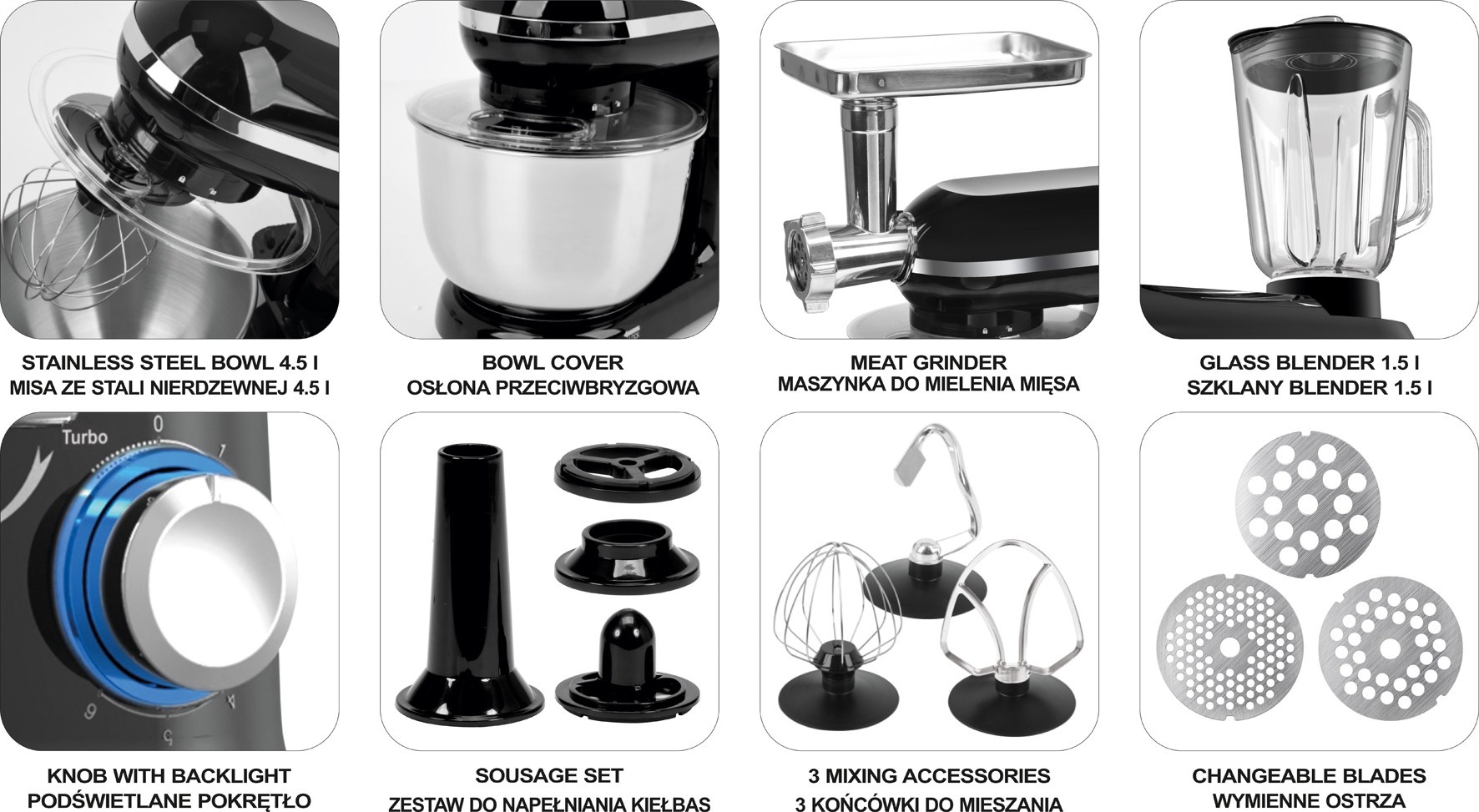 LUND Keukenmachine mixer 3in1 - 1000W - 240V - 6 snelheden en turbofunctie