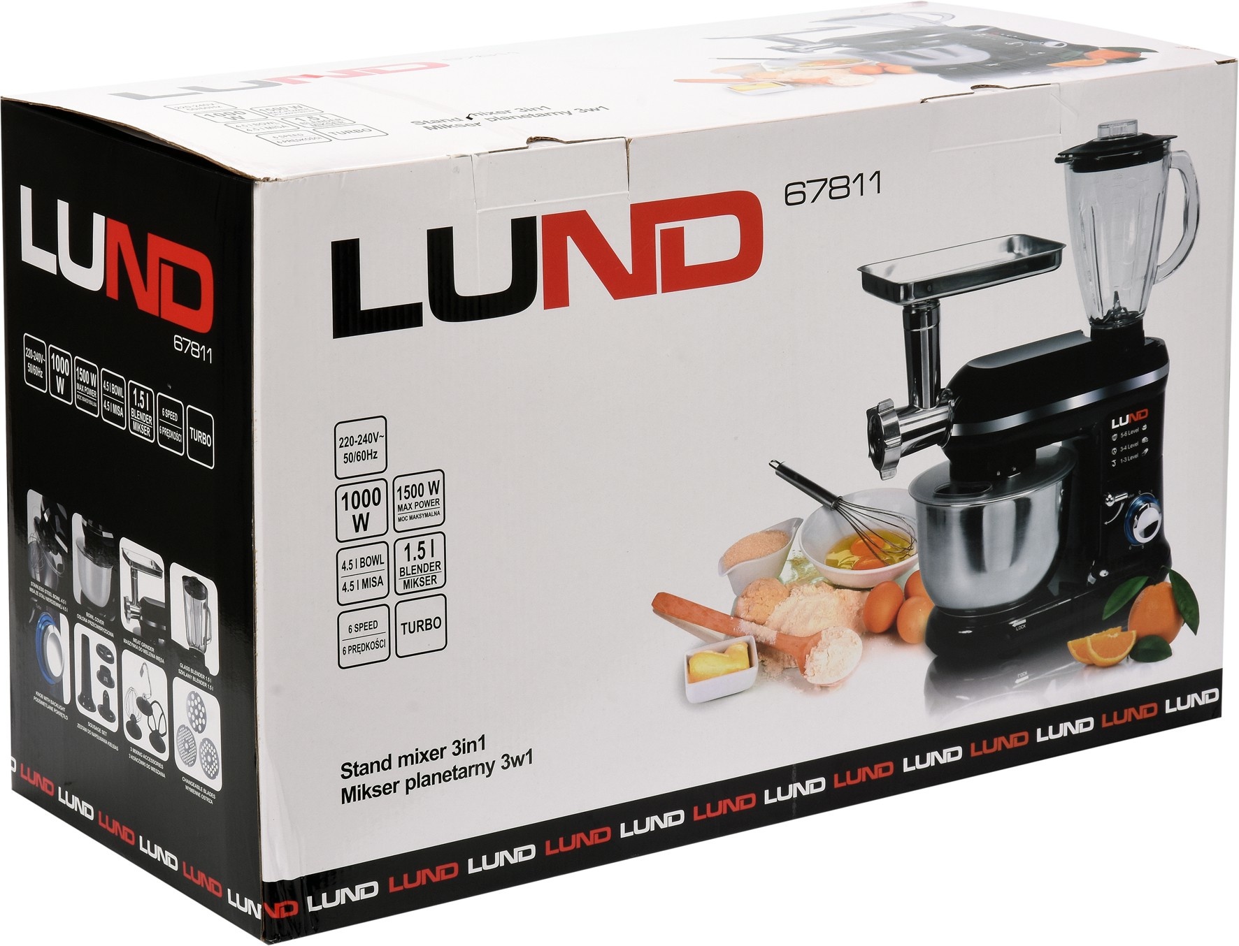 LUND Keukenmachine mixer 3in1 - 1000W - 240V - 6 snelheden en turbofunctie