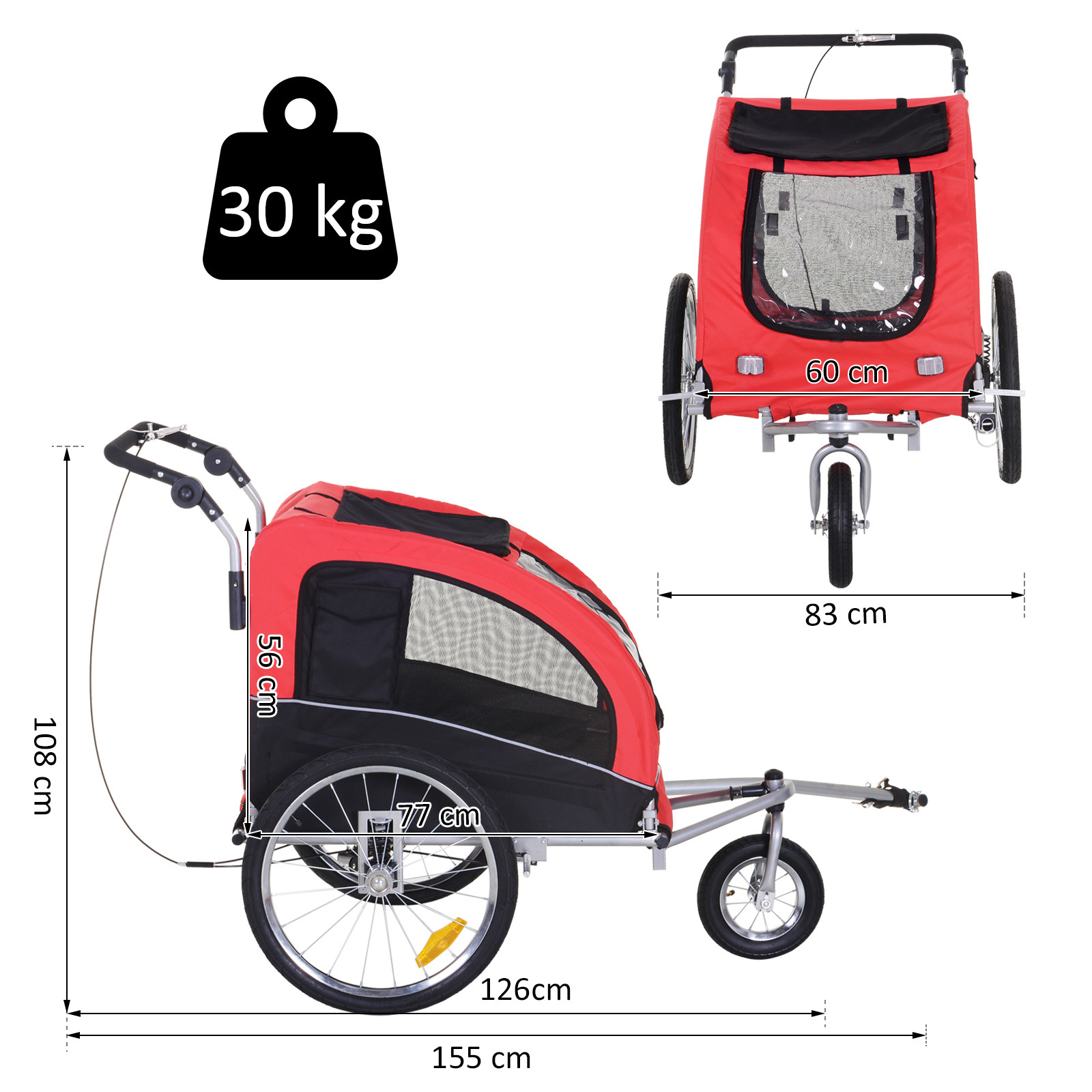 Paws Honden-en katten fietskar/jogger roodzwart 2-in-1
