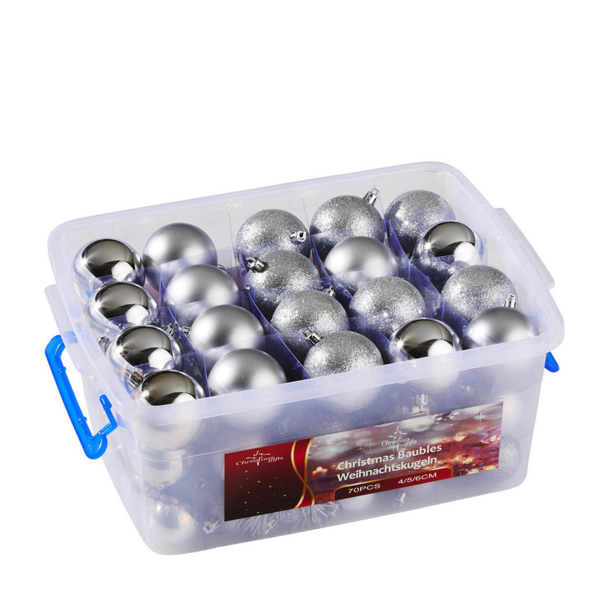 Party Lighting Kerstballen Zilver 70 stuks INCLUSIEF opbergdoos en ophangkoortjes