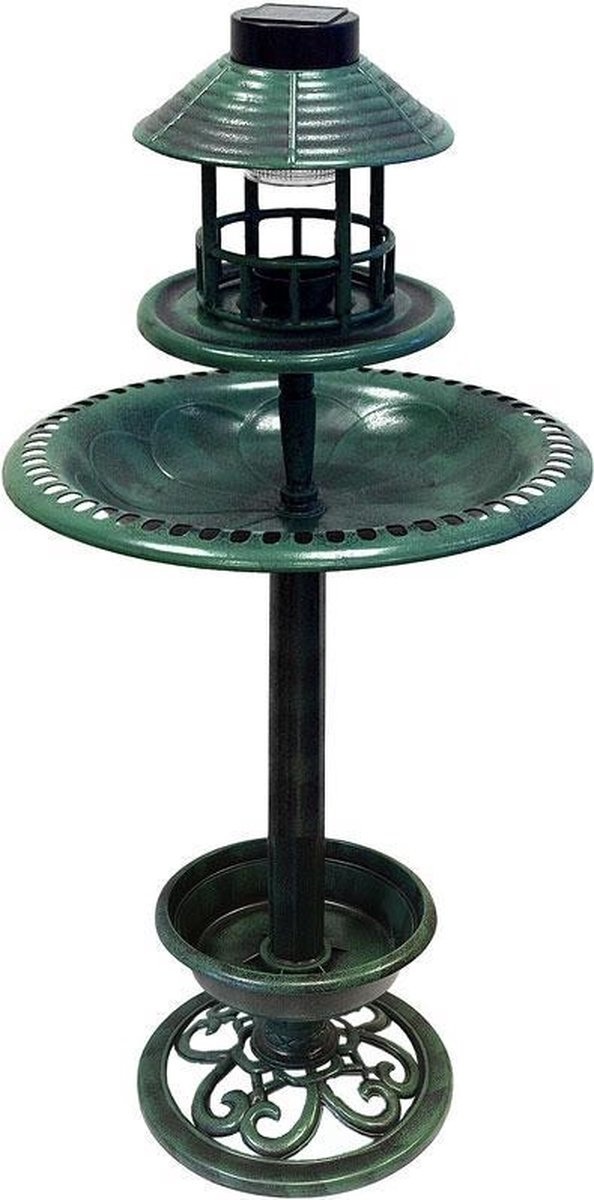 Vogelbadje met plantenbak - Voerbak - Solar LED-verlichting - 50 x 140 - Antiek Groen