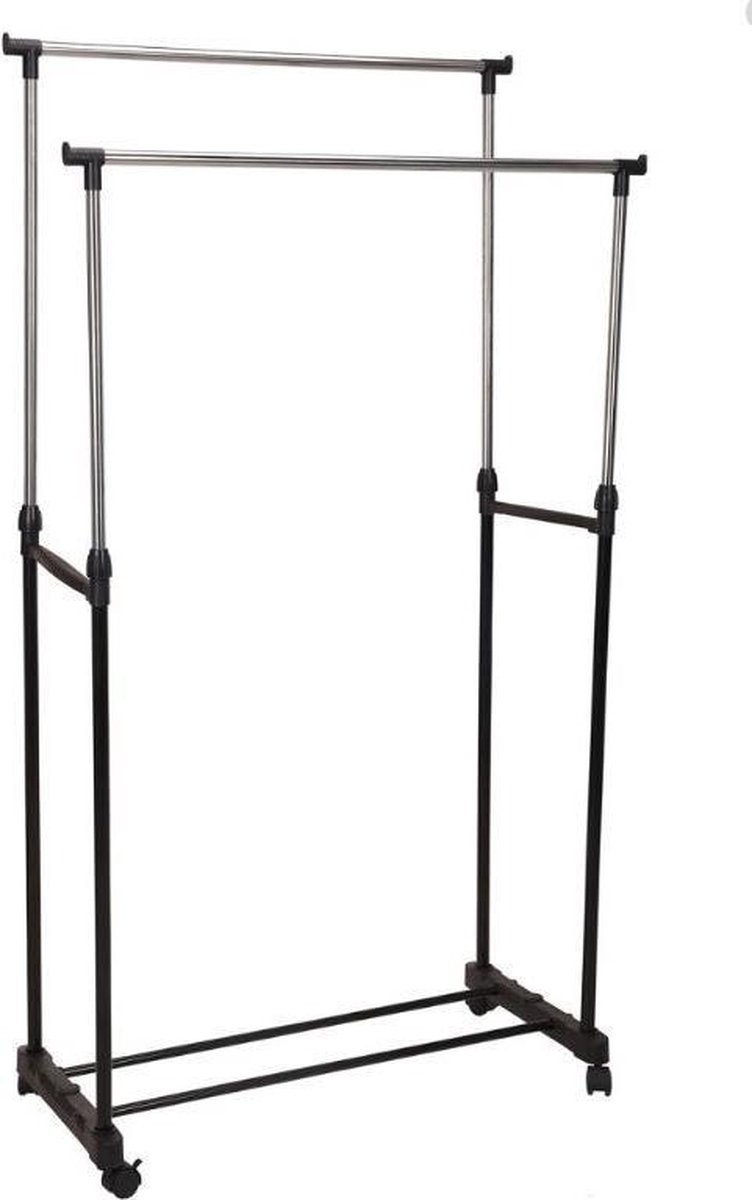 Storage Solutions Premium dubbele Kledingrek - Verrijdbaar - in Hoogte Verstelbaar - RVS