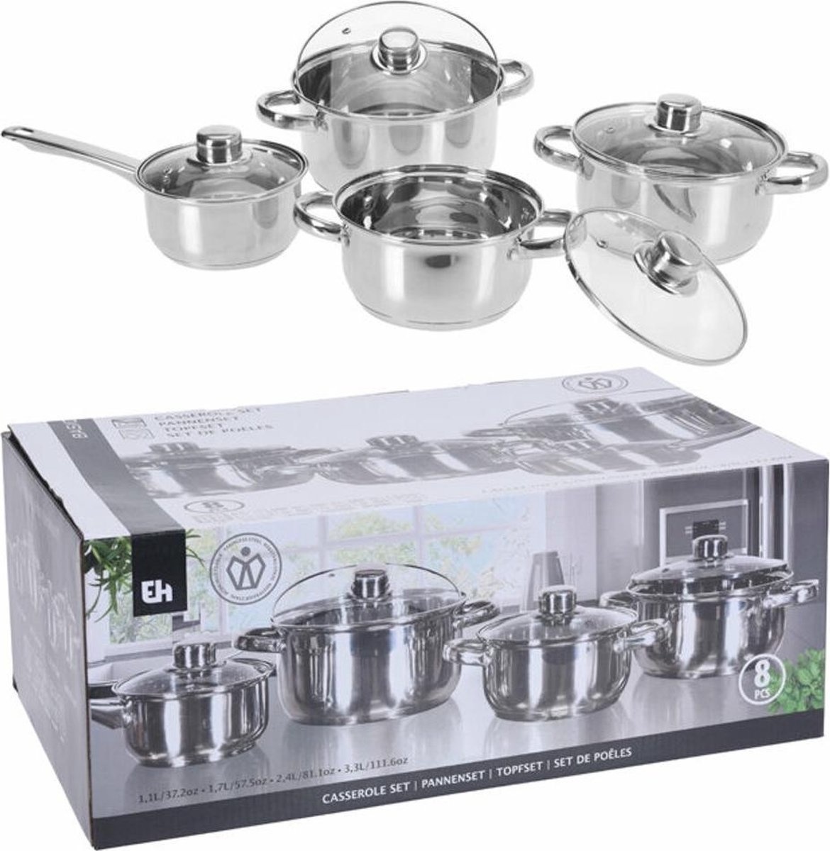Excellent Houseware Pannenset RVS 8 delig - Stevige kwaliteit