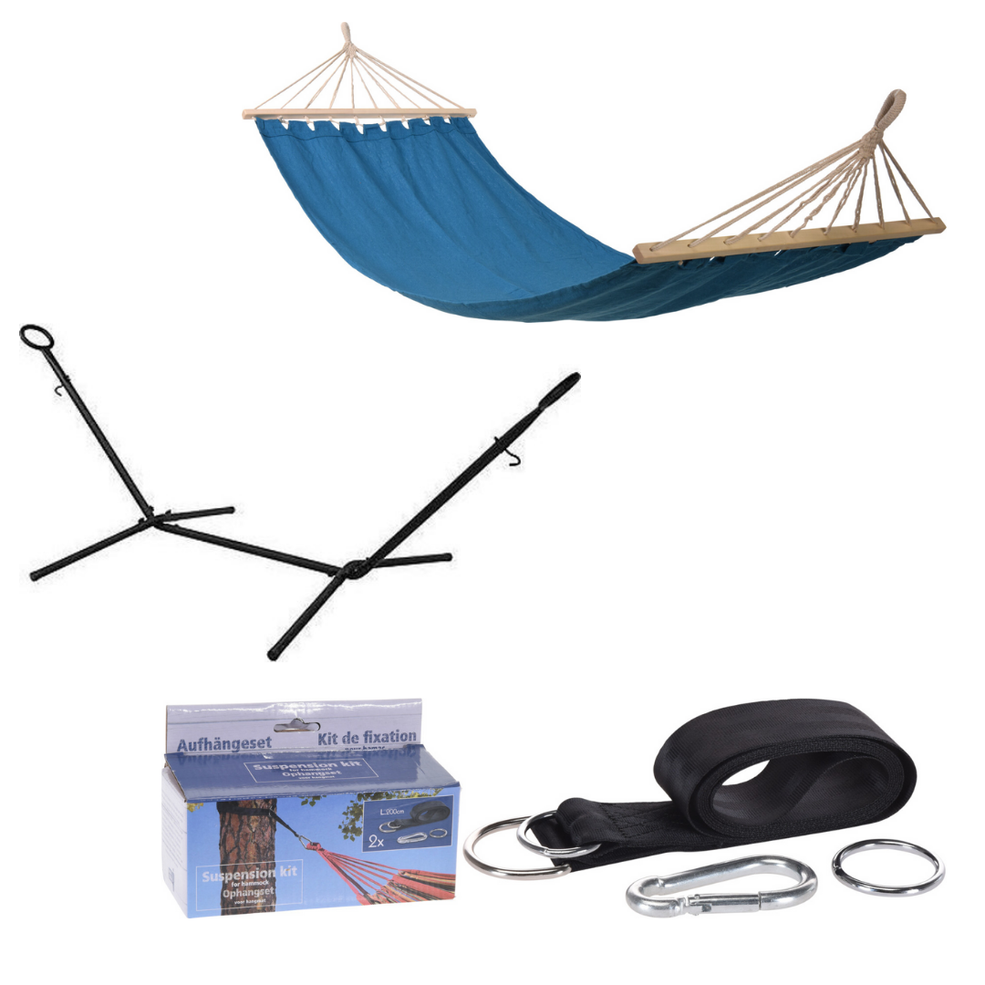 Afbeelding van Pro Garden Standaard voor Hangmat / Hangmat Standaard - Metaal - Zwart + INCL. Pro garden Hangmat / Hammock - 200 x 80 cm -Blauw en Pro Garden