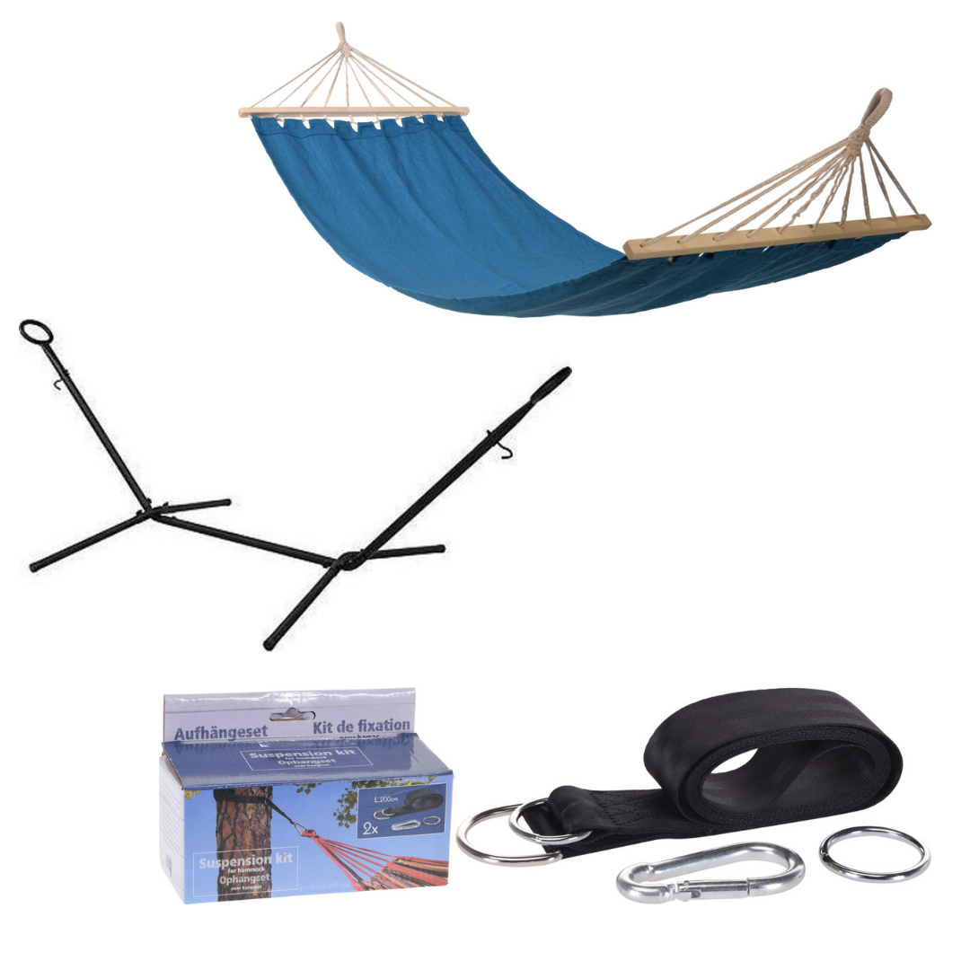 Pro Garden Standaard voor Hangmat / Hangmat Standaard - Metaal - Zwart + INCL. Pro garden Hangmat / Hammock - 200 x 80 cm -Blauw en Pro Garden Ophangset voor Hangmat