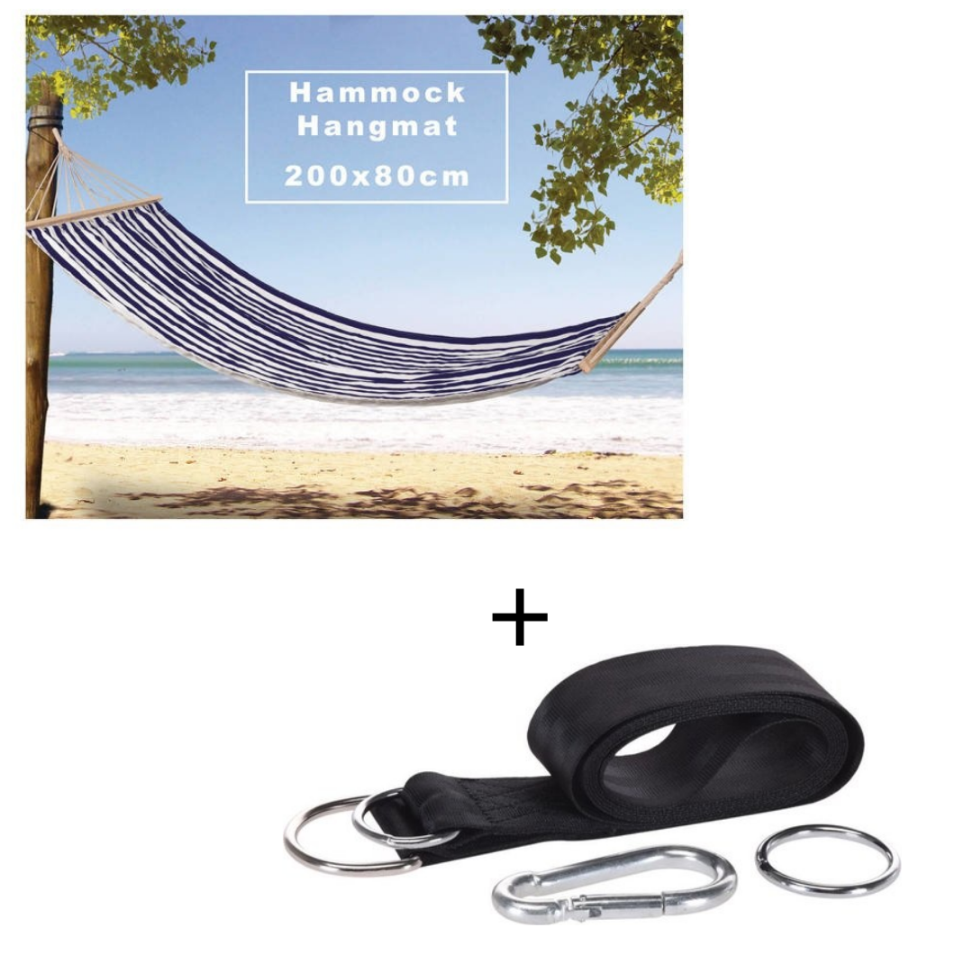 Pro Garden Hangmat / Hammock - 200 x 80 cm -Wit/Blauw + INCL. Pro Garden Ophangset voor Hangmat