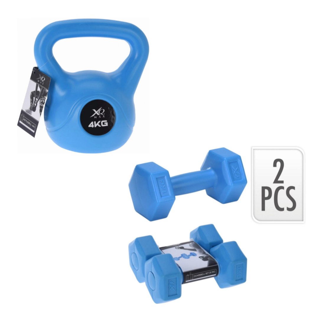 XQ Max 2 stuks Dumbbell - 2 x 1 KG + Kettlebell - 4 KG - Blauw