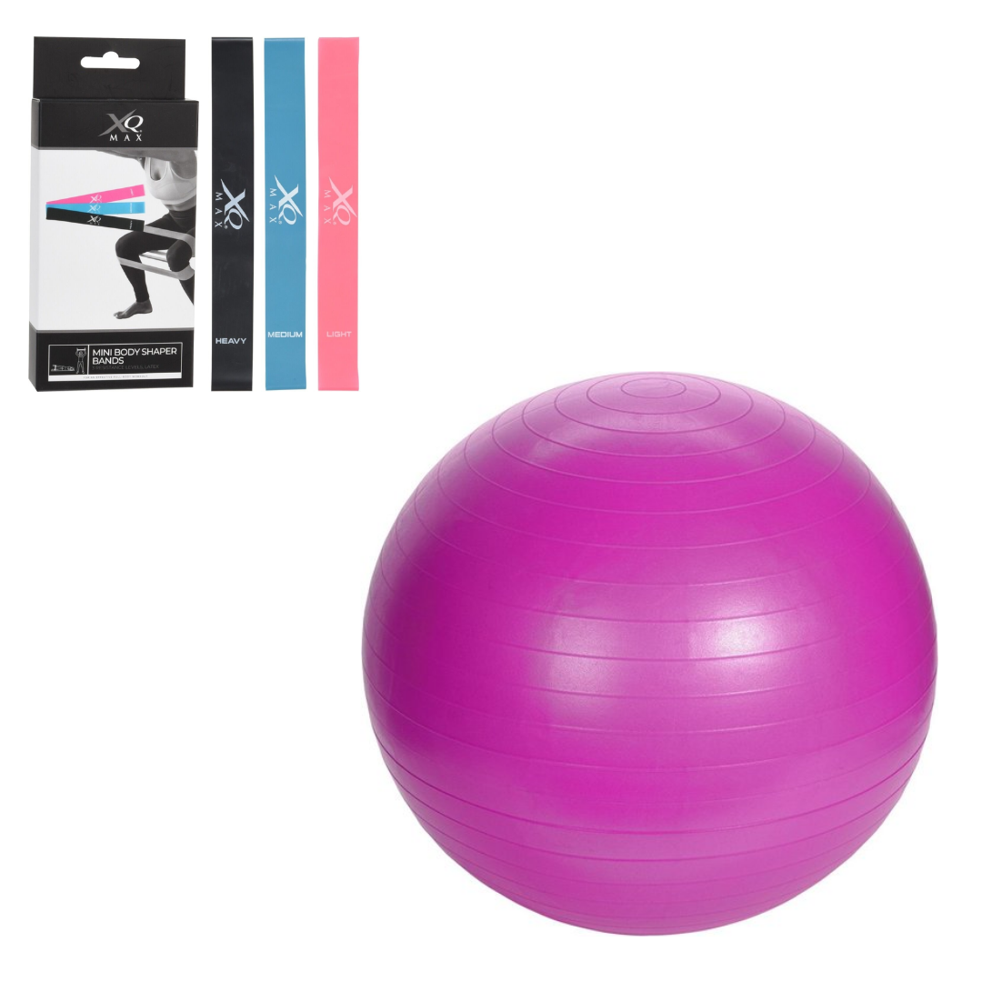 Set van 3 Weerstandsbanden - Fitnessbanden - Latex + XQ Max Yogabal– Inclusief Pomp – 65 cm – Roze
