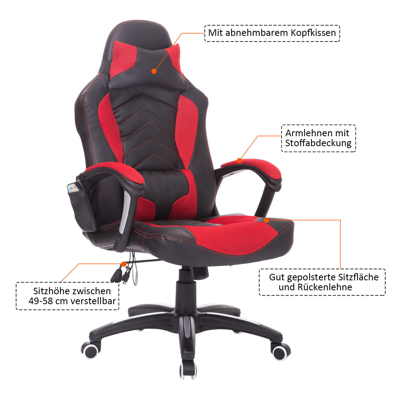 HOMdotCOM Bureaustoel ergonomisch gamingstoel met massagefunctie zwart/rood