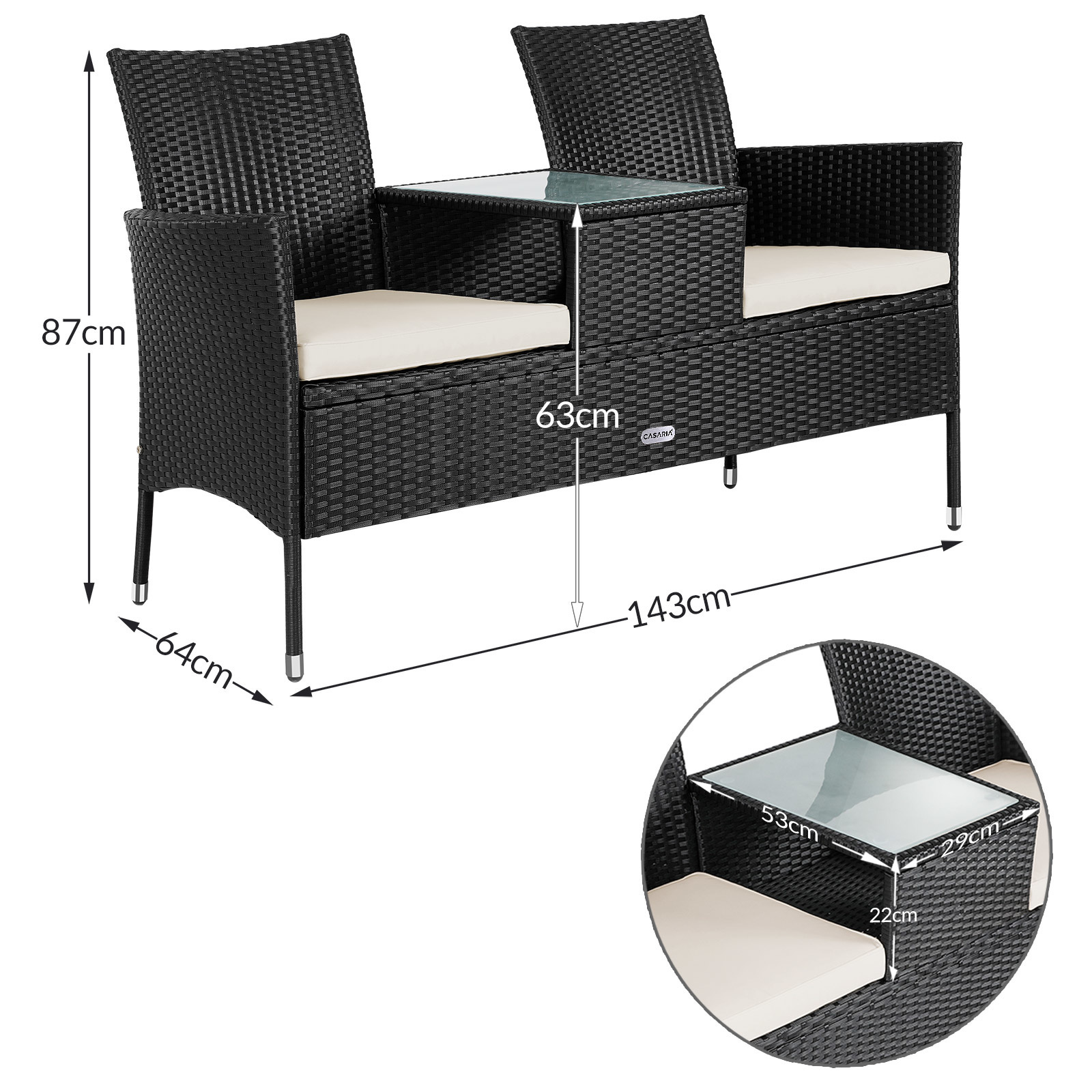 Cas Tuinbank Love Bench met tafel en Zitkussens 143x64x87cm - Zwart