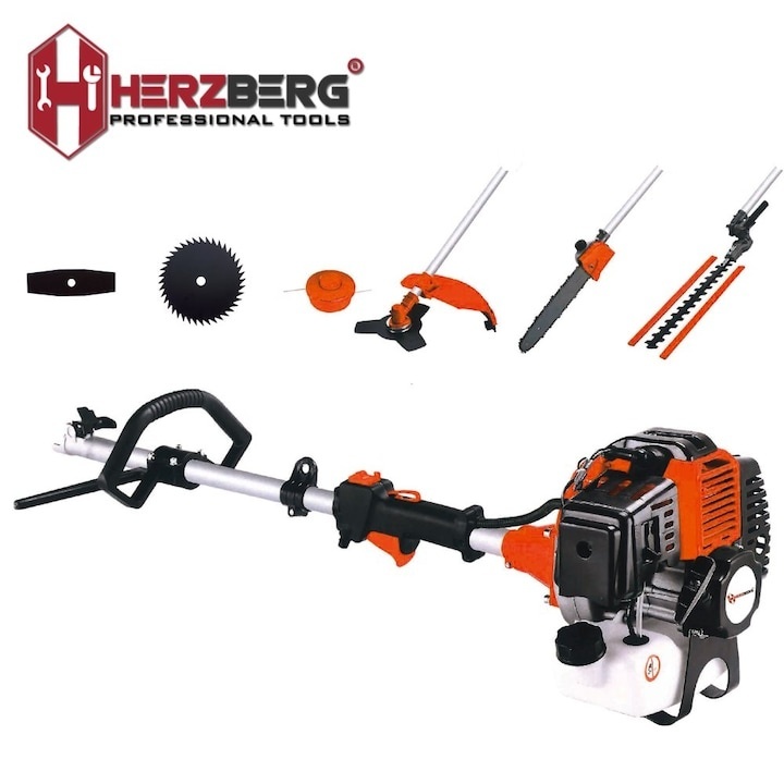 Herzberg Powertech 8-in-1 multitool, bosmaaier, haagschaar, kettingzaag, snoeizaag met draadspoel en 3 maaimessen