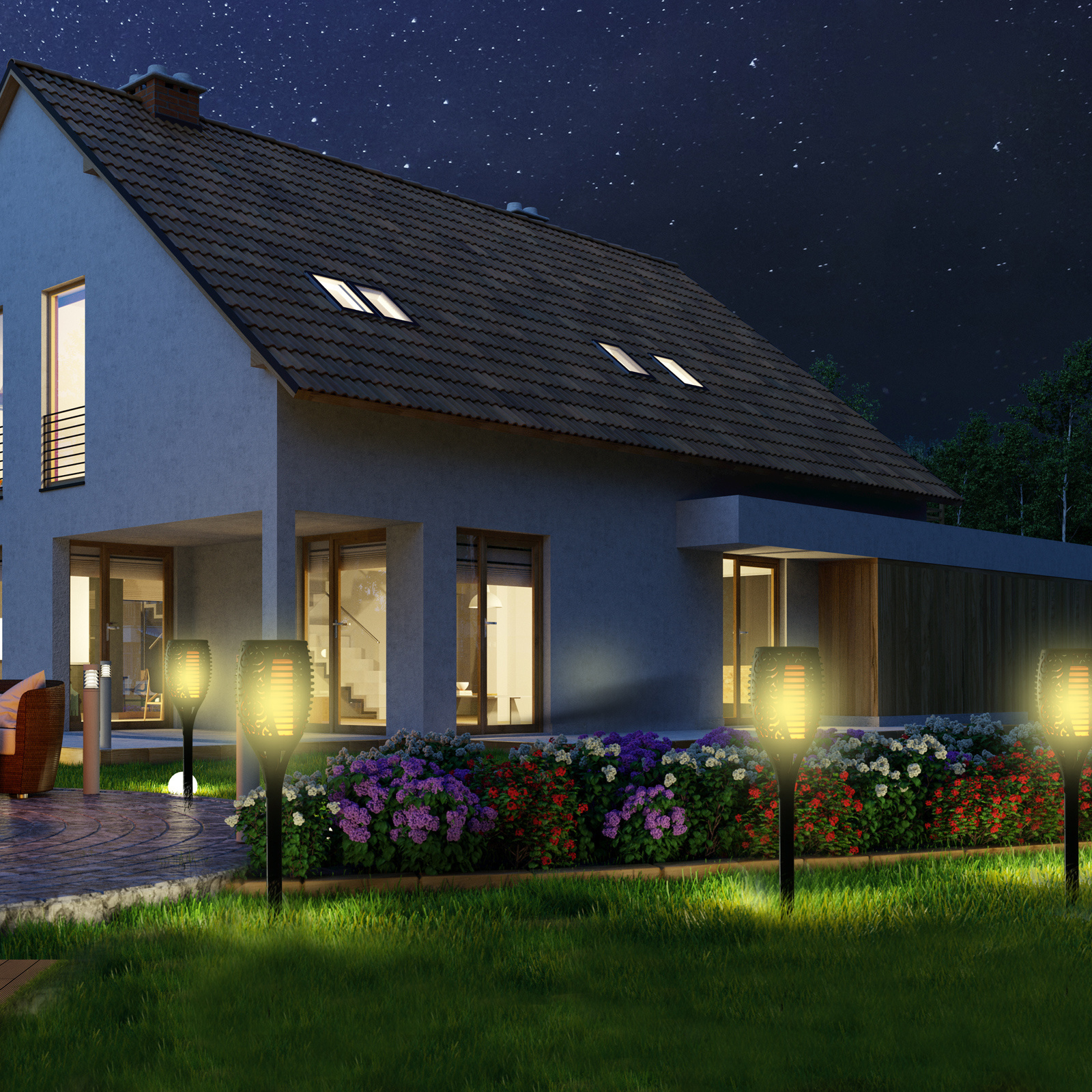 Sunny Zonne-lamp Tuinverlichtingsset van 4 lampen 6-8 h waterdicht plastic zwart