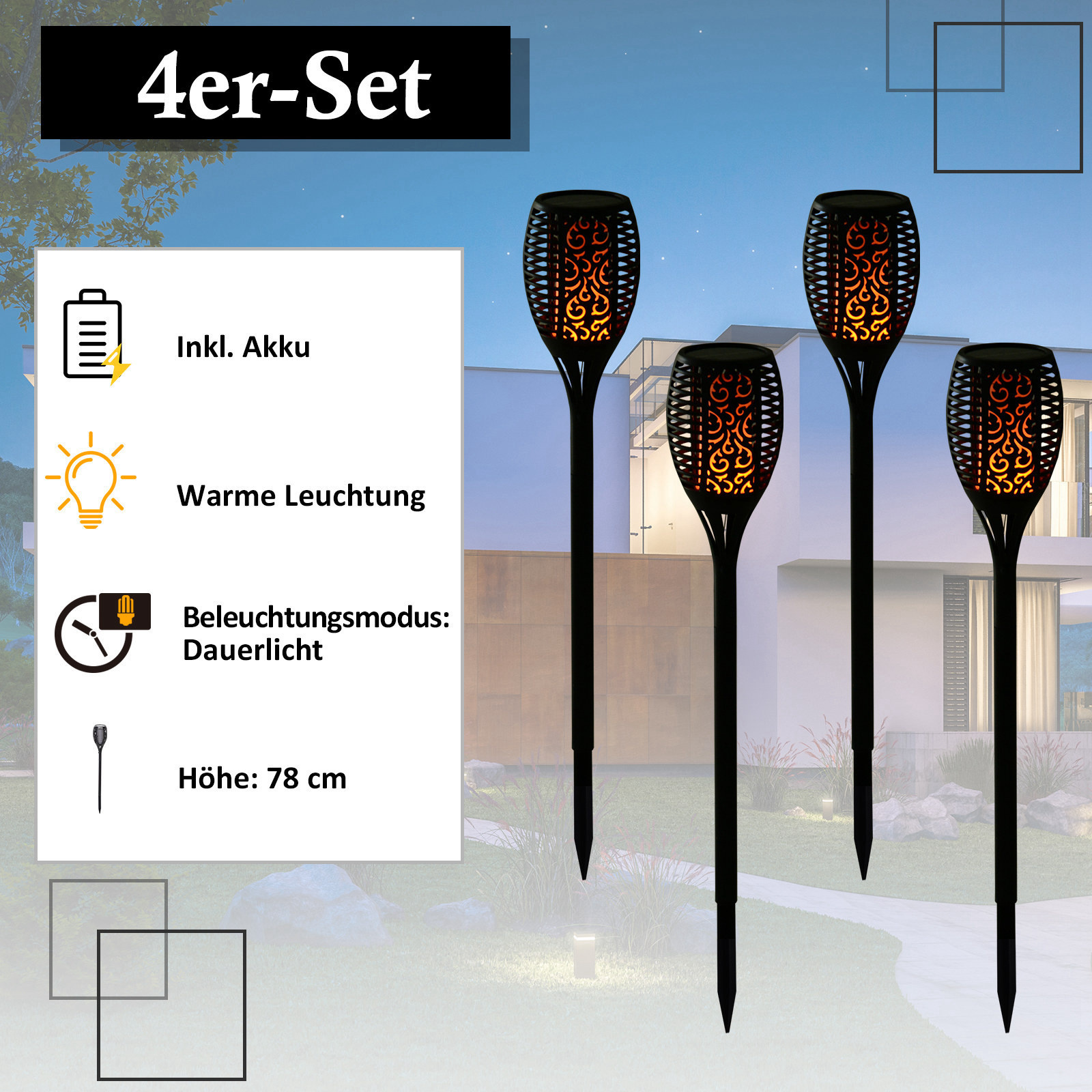 Sunny Zonne-lamp Tuinverlichtingsset van 4 lampen 6-8 h waterdicht plastic zwart