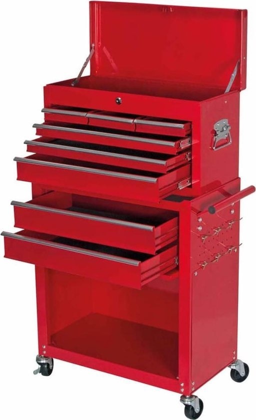 Toolland Gereedschapswagen MP88- 8 lades met Slot - 62x33x108 cm - Afneembare koffer - Rood