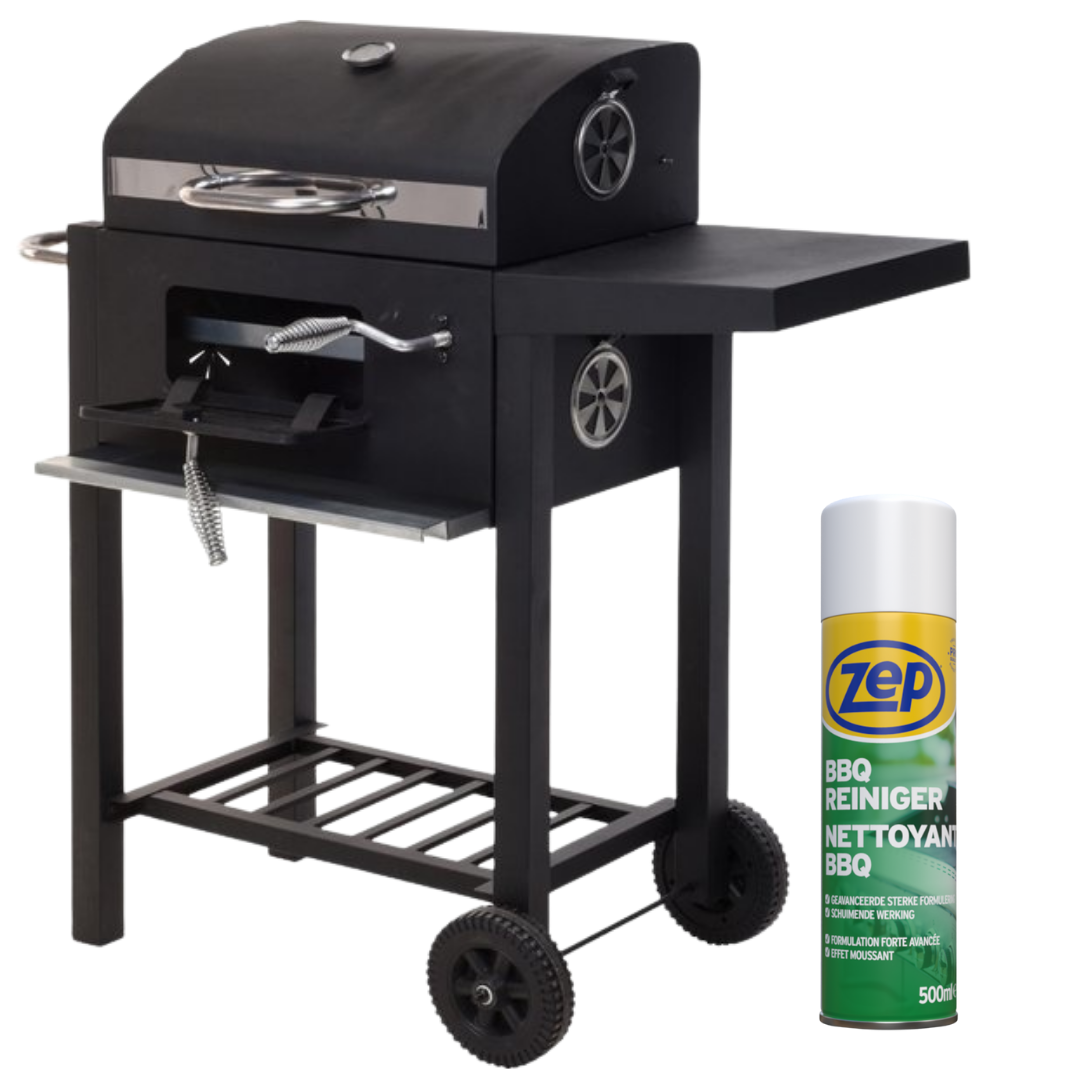 Set! Vaggan Houtskool BBQ/ Barbecue met Tafel op Wielen inclusief BBQ Reiniger - 77 x 38,5 x 32,5 cm - 500ml