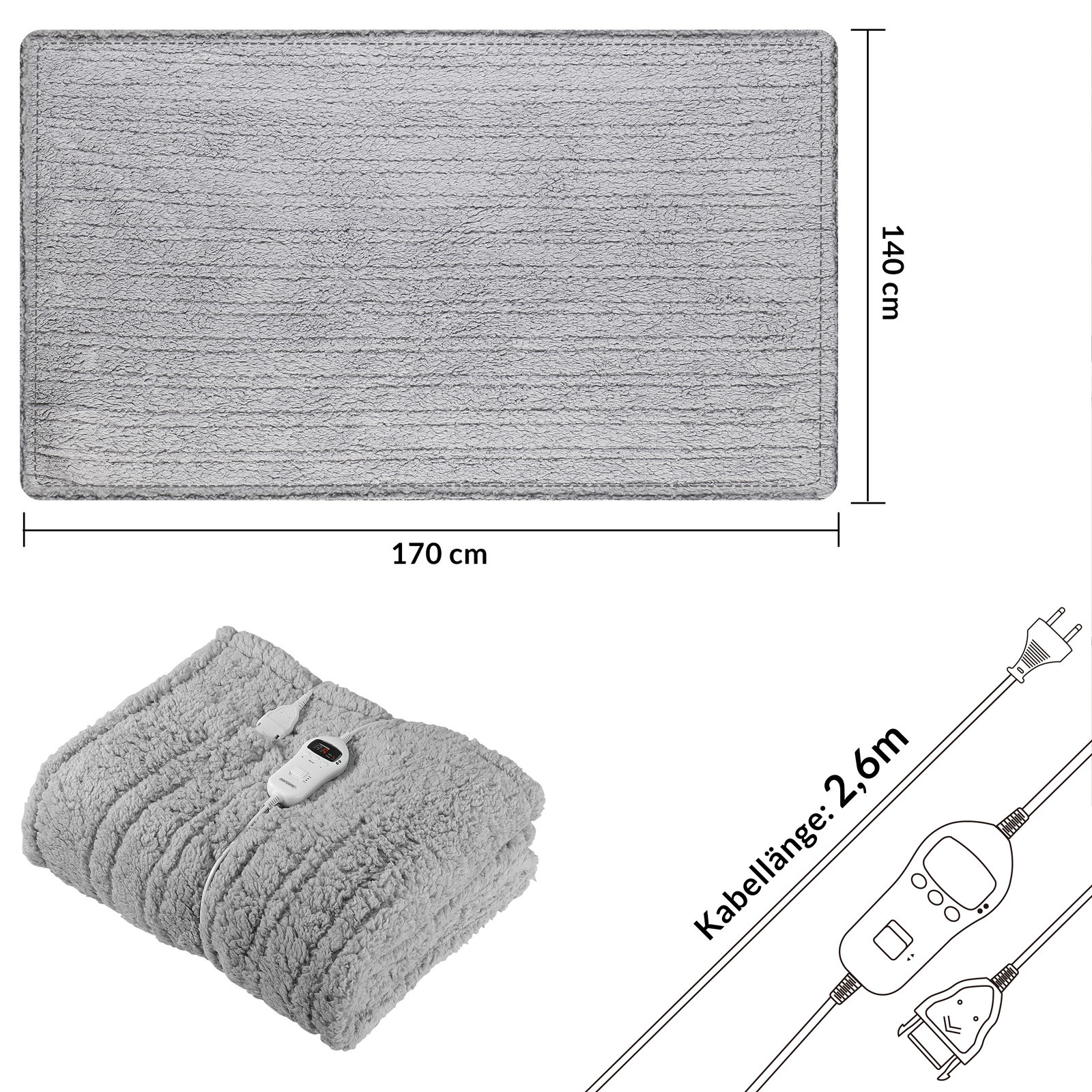 Monza Elektrische deken Fleece Grijs 180x130cm