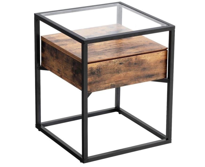 Hoout Glazen Bijzettafel Industrieël Vintage bruin/zwart