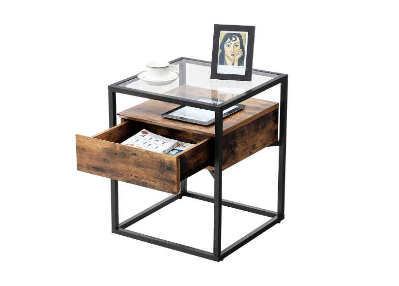 Hoout Glazen Bijzettafel Industrieël Vintage bruin/zwart