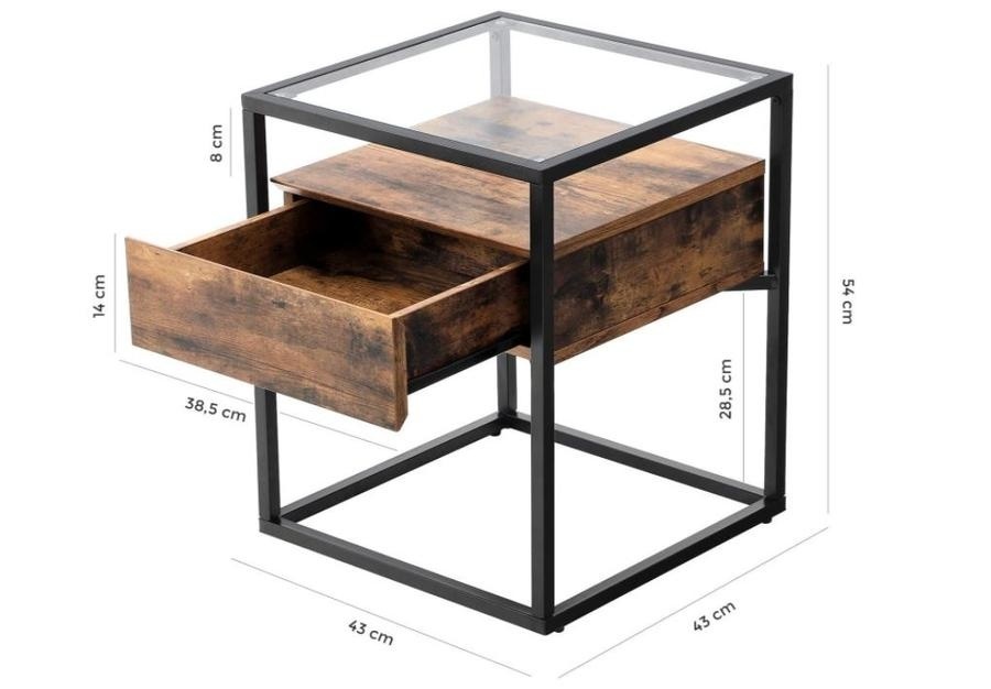 Hoout Glazen Bijzettafel Industrieël Vintage bruin/zwart