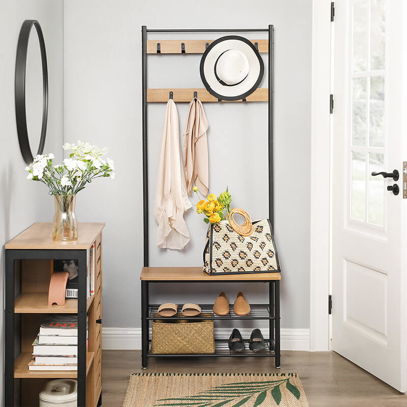 Hoout Garderoberek/ Kapstok met Schoenenrek en Zitbank - Zwart - 70 x 32 x 175 cm
