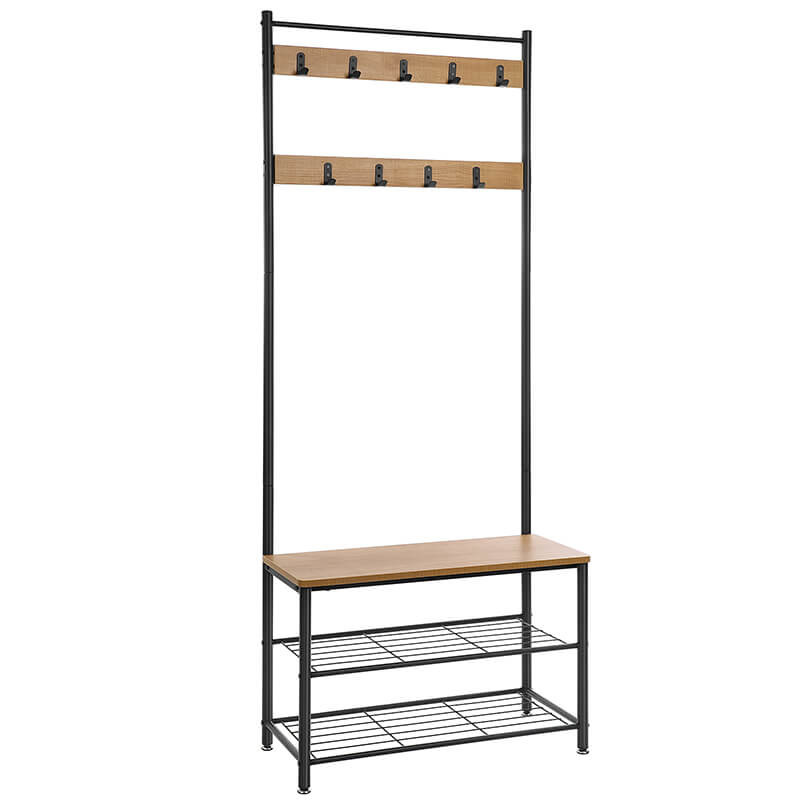 Hoout Garderoberek/ Kapstok met Schoenenrek en Zitbank - Zwart - 70 x 32 x 175 cm