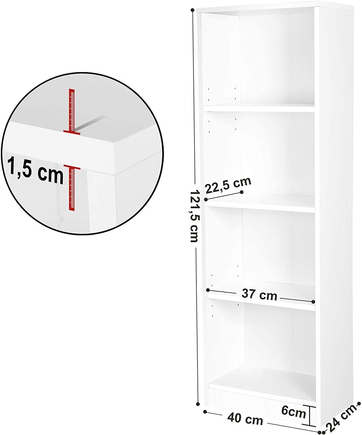 Hoout Boekenkast met 4 legplanken - 40 x 24 x 121.5 cm - WIT