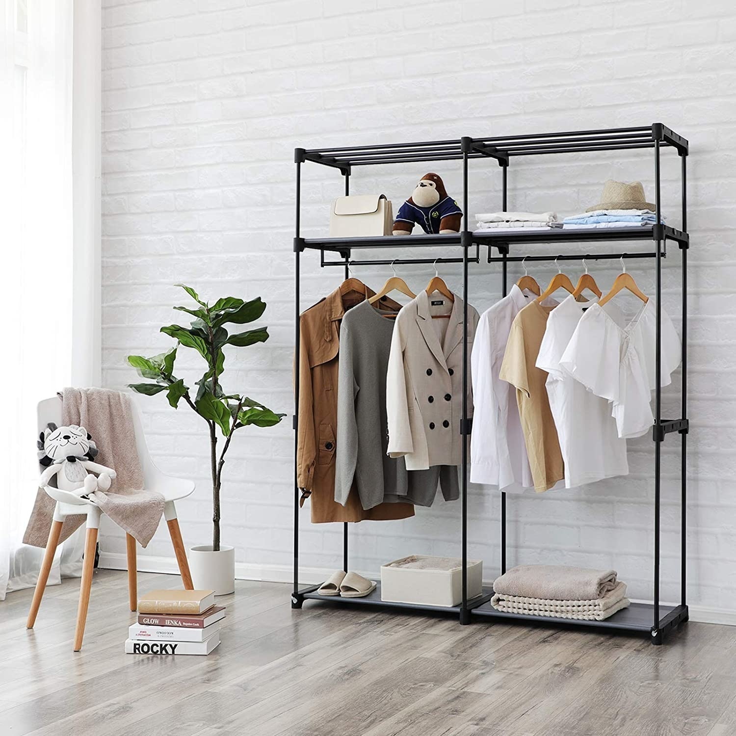 Hoout Stoffen Kledingkast/ Kledingrek met hoes - 140 x 43 x 174 cm - Zwart
