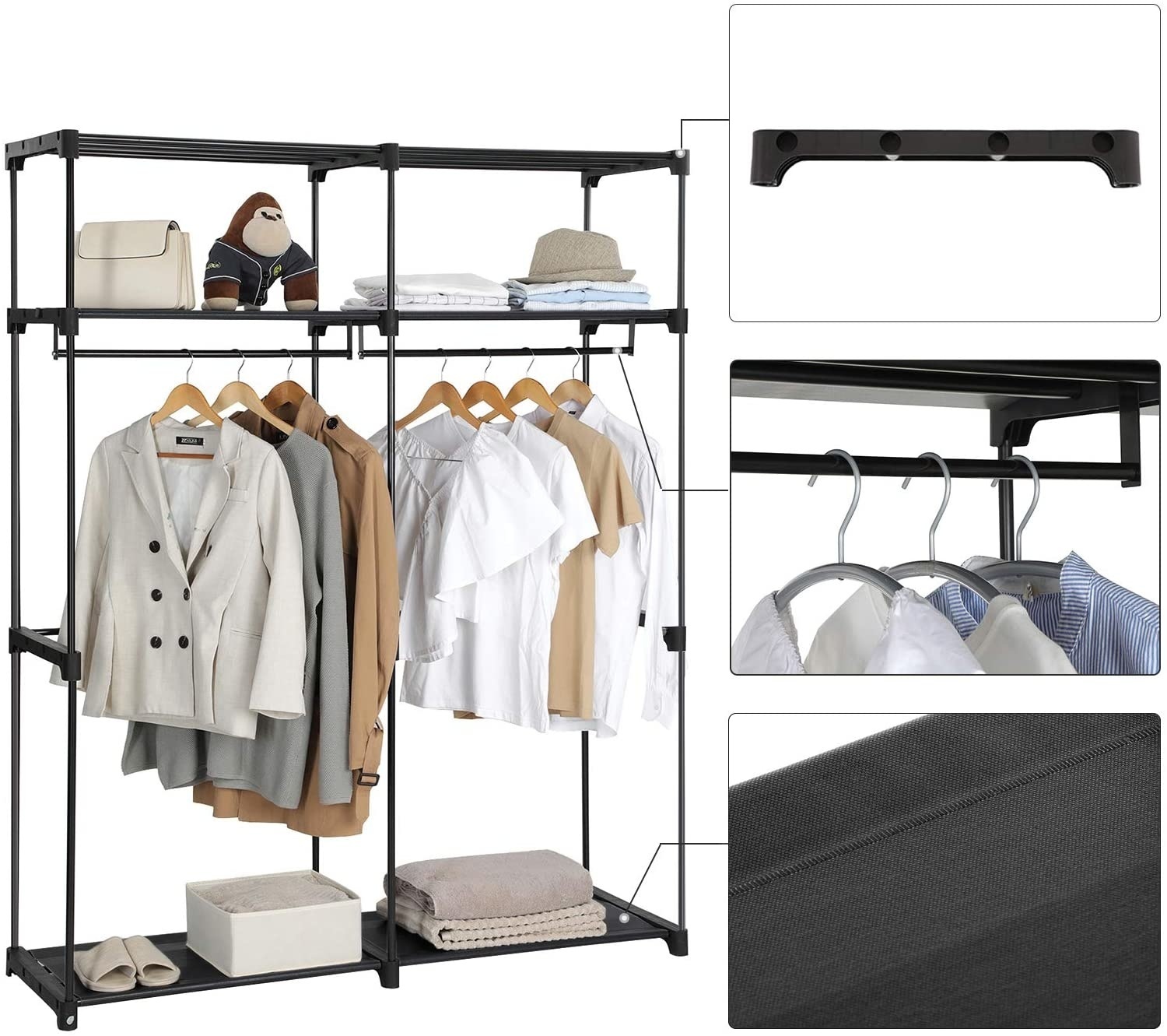 Hoout Stoffen Kledingkast/ Kledingrek met hoes - 140 x 43 x 174 cm - Zwart