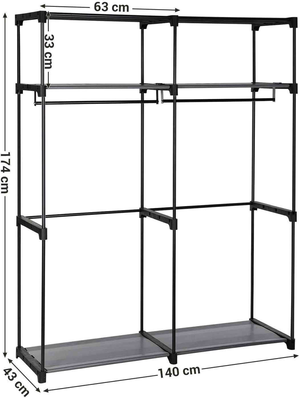 Hoout Stoffen Kledingkast/ Kledingrek met hoes - 140 x 43 x 174 cm - Zwart