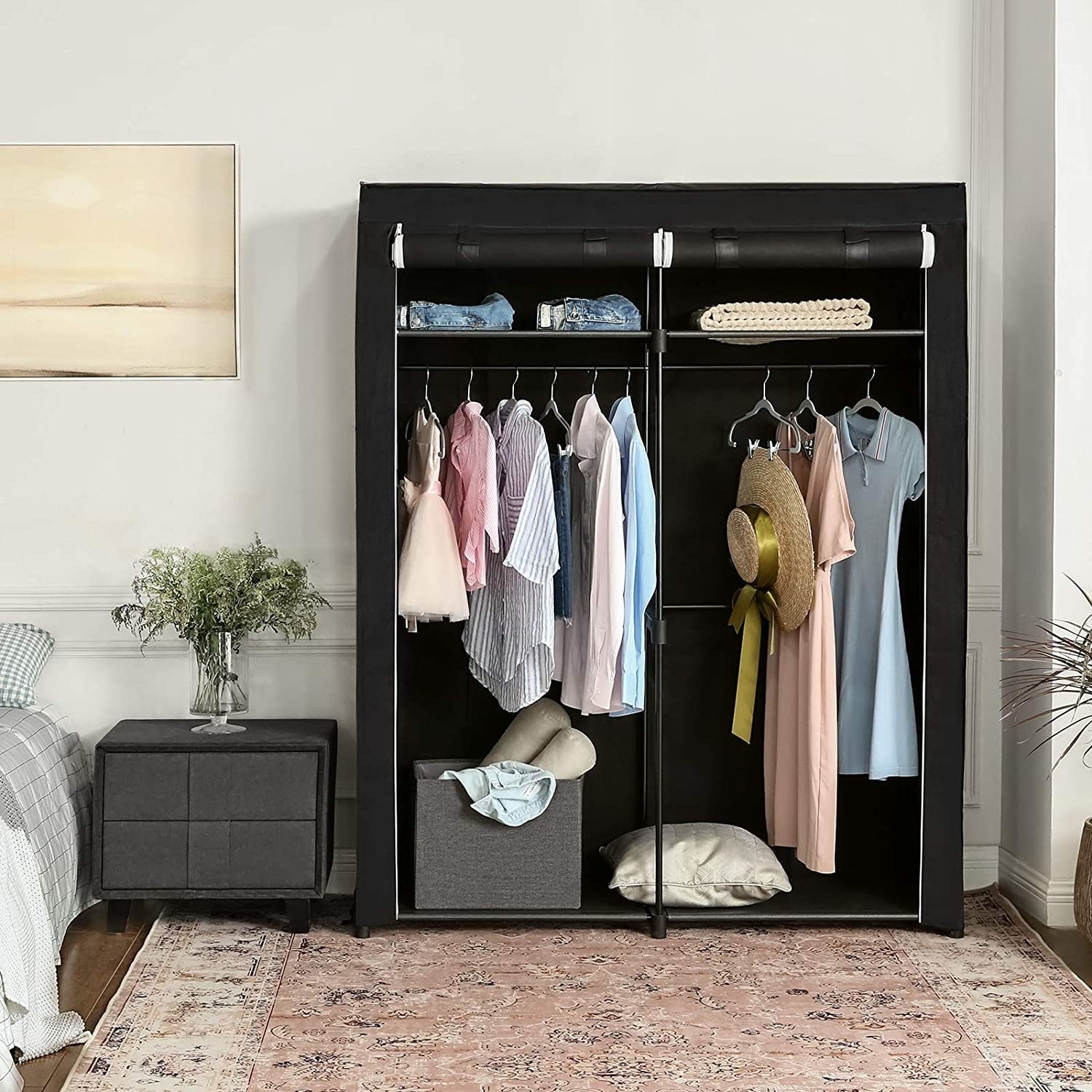 Hoout Stoffen Kledingkast/ Kledingrek met hoes - 140 x 43 x 174 cm - Zwart
