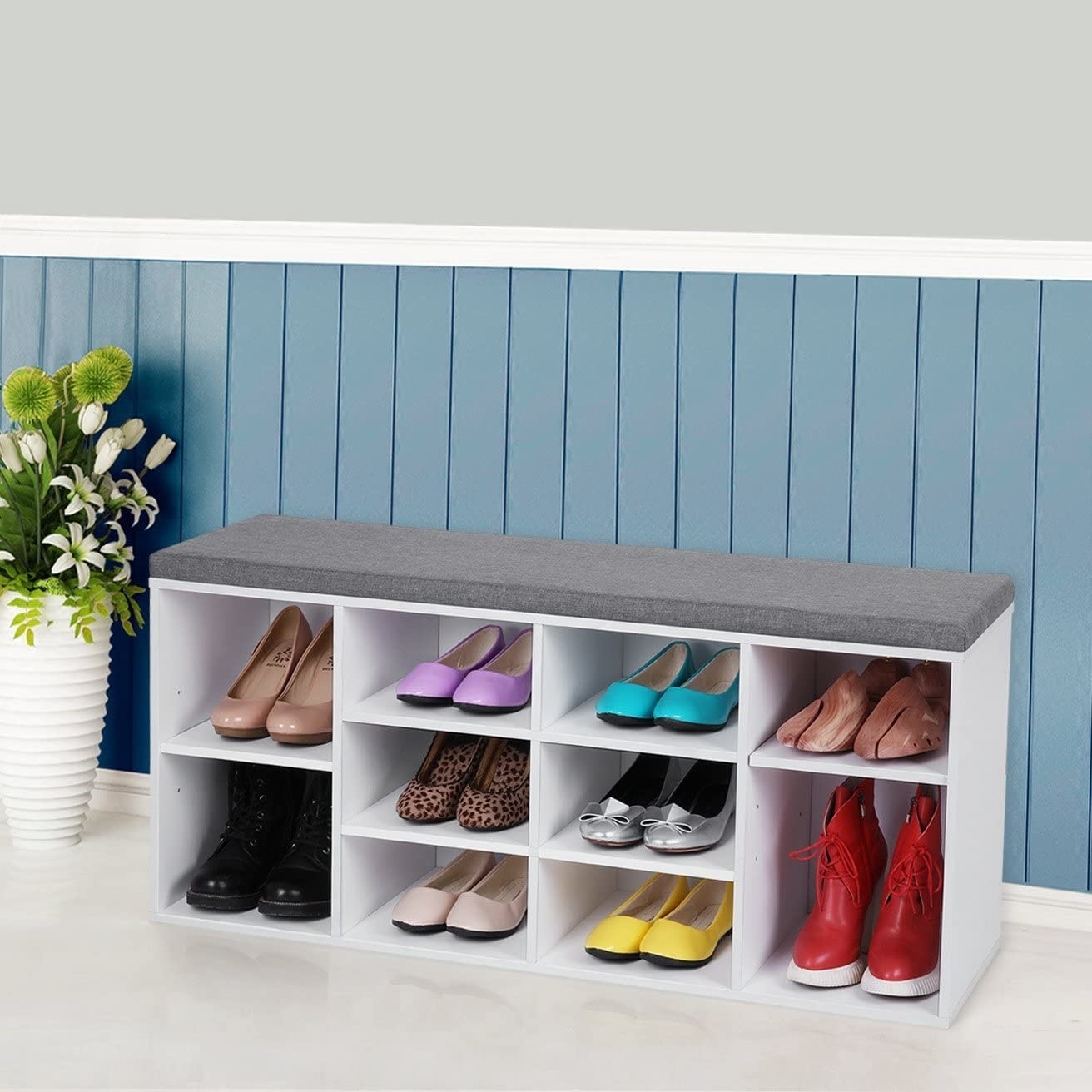 Hoout Schoenenkast/ Schoenenrek met Zitbank en Zitkussen - 104 x 30 x 48 cm