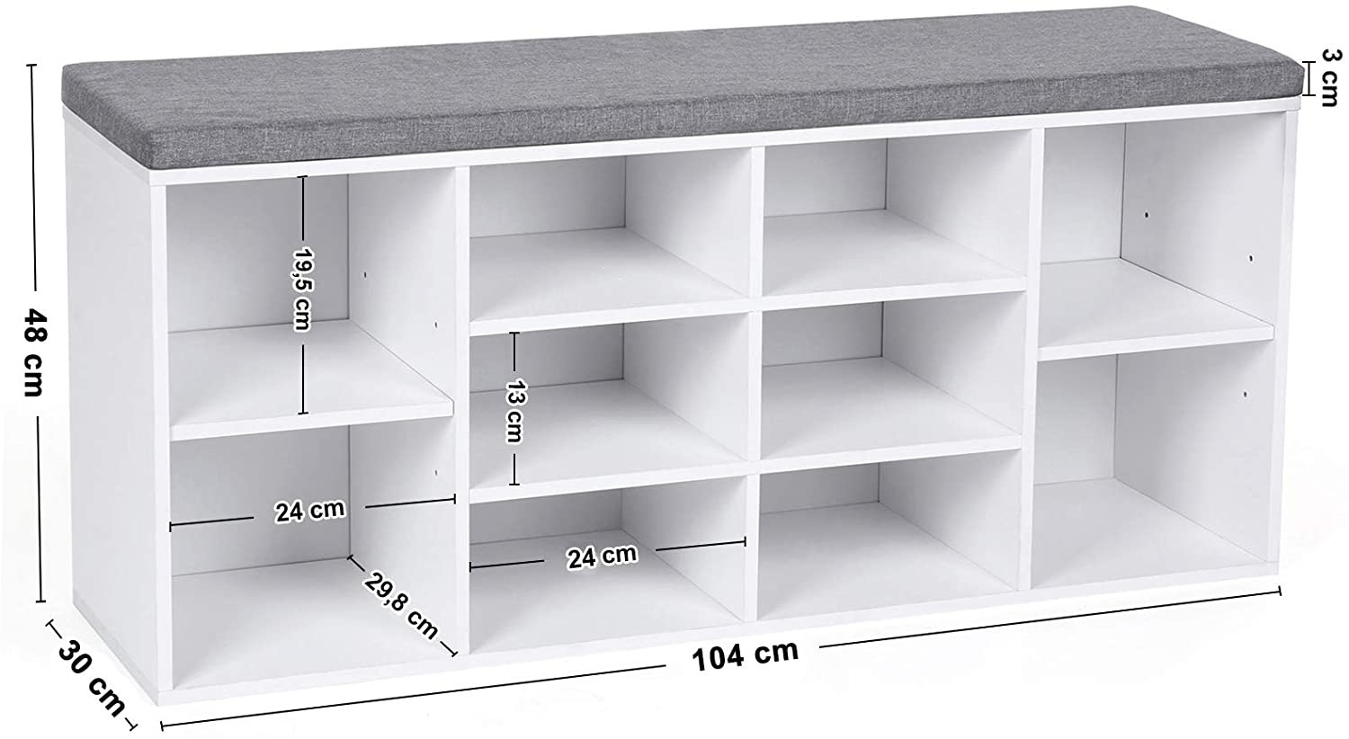 Hoout Schoenenkast/ Schoenenrek met Zitbank en Zitkussen - 104 x 30 x 48 cm