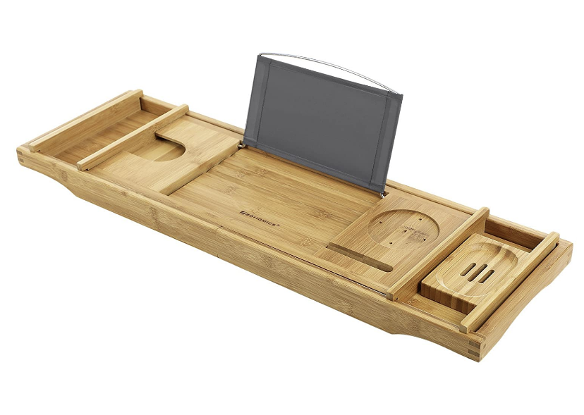 Hoout Uitschuifbare Badrek, Badplank voor in bad, met Boekenhouder, Tablethouder, Wijnhouder, Telefoonhouder en Zeephouder, 75-109 x 4,5 x 23 cm, Bamboe