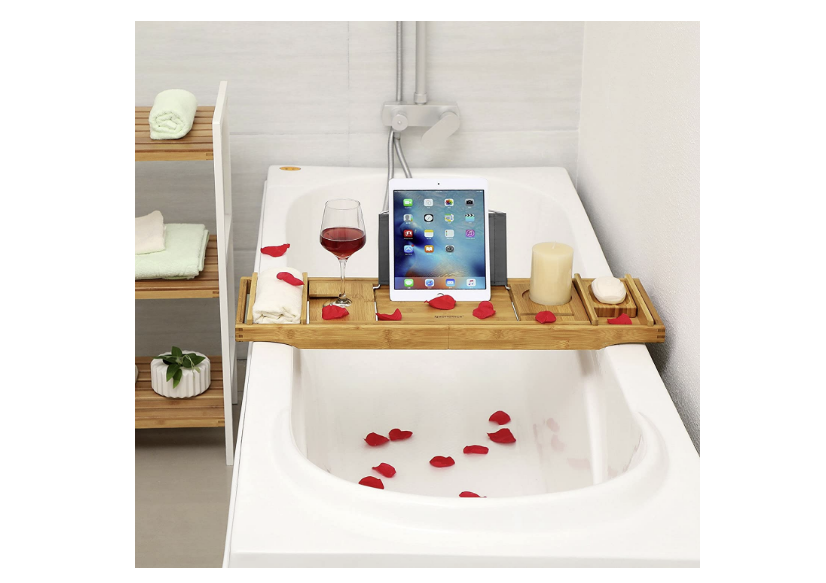 Hoout Uitschuifbare Badrek, Badplank voor in bad, met Boekenhouder, Tablethouder, Wijnhouder, Telefoonhouder en Zeephouder, 75-109 x 4,5 x 23 cm, Bamboe