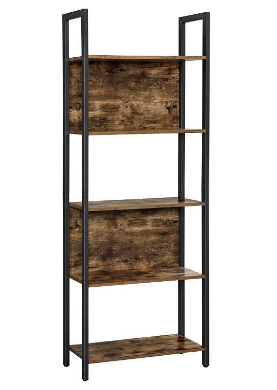 Hoout Boekenkast Met 5 Open vakken, Industrieel Bruin En Zwart, 64 X 34 X 186 Cm