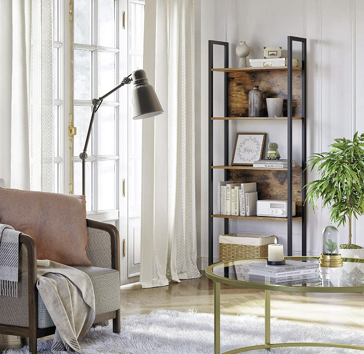 Hoout Boekenkast Met 5 Open vakken, Industrieel Bruin En Zwart, 64 X 34 X 186 Cm