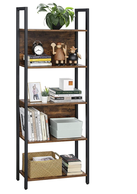 Hoout Boekenkast Met 5 Open vakken, Industrieel Bruin En Zwart, 64 X 34 X 186 Cm