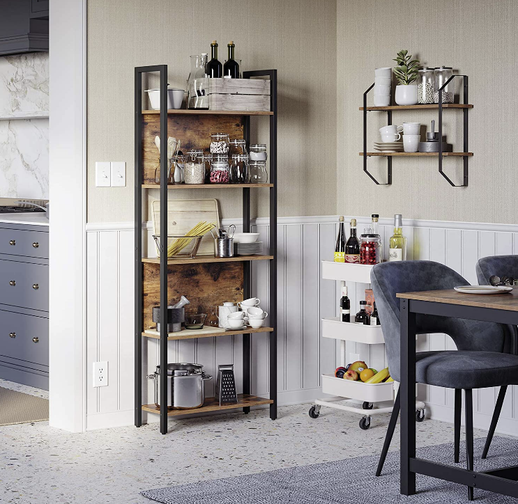 Hoout Boekenkast Met 5 Open vakken, Industrieel Bruin En Zwart, 64 X 34 X 186 Cm