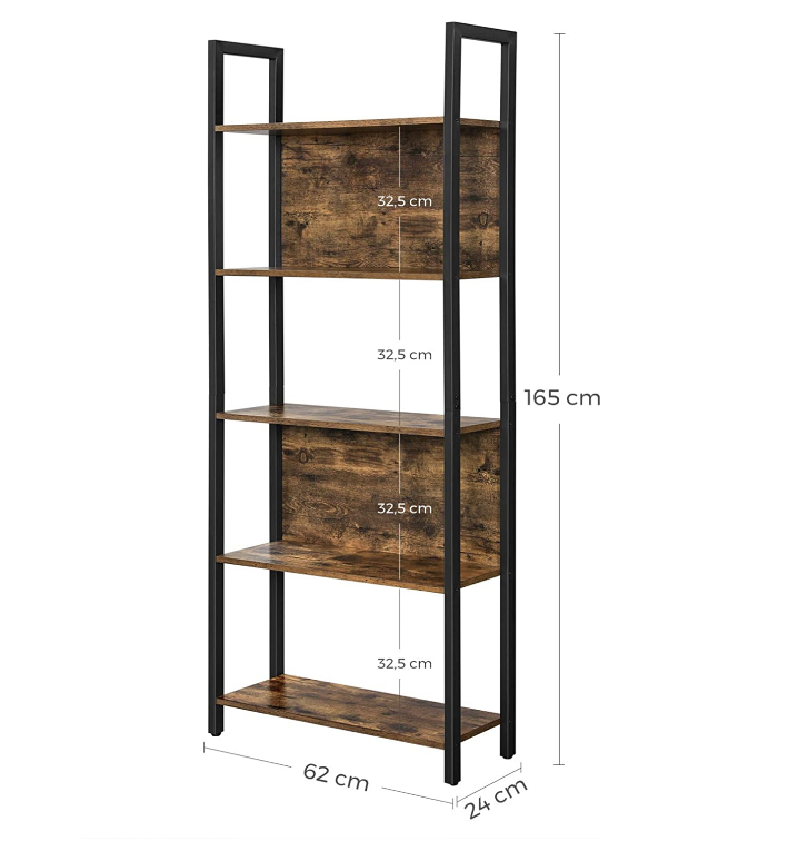 Hoout Boekenkast Met 5 Open vakken, Industrieel Bruin En Zwart, 64 X 34 X 186 Cm