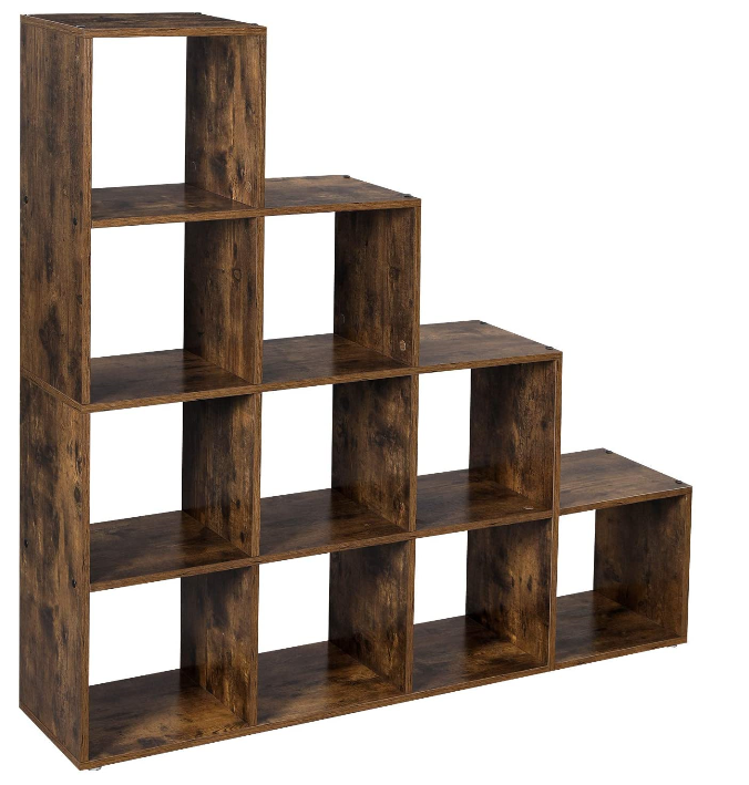 Hoout Boekenkast, Open Kast, 10 Open Vakken, Donker Bruin, 129.5 X 29 X 129.5 Cm
