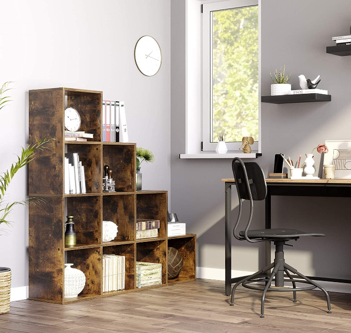 Hoout Boekenkast, Open Kast, 10 Open Vakken, Donker Bruin, 129.5 X 29 X 129.5 Cm