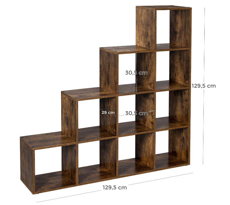 Hoout Boekenkast, Open Kast, 10 Open Vakken, Donker Bruin, 129.5 X 29 X 129.5 Cm